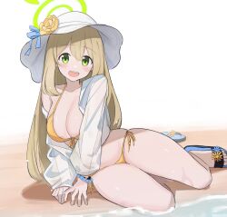 Rule 34 | 1girl, absurdres, bikini, blue archive, blush, bracelet, breasts, cleavage, flower, green eyes, halo, haramaki (haranomaki), hat, hat flower, highres, jewelry, large breasts, light brown hair, long hair, long sleeves, looking at viewer, nonomi (blue archive), nonomi (swimsuit) (blue archive), off shoulder, open clothes, open mouth, open shirt, orange bikini, sandals, shirt, side-tie bikini bottom, simple background, sitting, solo, sun hat, swimsuit, very long hair, water, wet, white background, white hat, white shirt, yellow flower