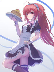 Rule 34 | 1girl, ahoge, alternate costume, apron, ass, bell, black dress, black socks, blush, bow, breasts, brown hair, cake, center frills, closed mouth, clothes lift, commentary, dress, dress lift, enmaided, eyes visible through hair, feet out of frame, food, frilled apron, frilled cuffs, frilled dress, frilled socks, frills, from side, frown, furrowed brow, hair bell, hair between eyes, hair ornament, hair ribbon, hand up, highres, holding, holding tray, jingle bell, kneehighs, lifting own clothes, little busters!, long hair, looking at viewer, maid, maid apron, maid headdress, natsume rin, no panties, pink bow, ponytail, pudding, puffy short sleeves, puffy sleeves, purple bow, red eyes, ribbon, shiki hamaguri, short dress, short sleeves, sidelighting, simple background, sleeve bow, small breasts, socks, solo, standing, tray, very long hair, white apron, white background, white ribbon, white wrist cuffs, wrist cuffs
