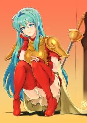 Rule 34 | 1girl, aqua eyes, aqua hair, armor, blue hair, blush, boots, breastplate, cape, earrings, eirika (fire emblem), fingerless gloves, fire emblem, fire emblem: the sacred stones, glint, gloves, highres, jewelry, long hair, looking at viewer, miniskirt, nintendo, rapier, red footwear, red shirt, red thighhighs, revolverwing, shadow, shirt, short sleeves, signature, skirt, smile, solo, squatting, sword, thigh boots, thighhighs, weapon, yellow cape