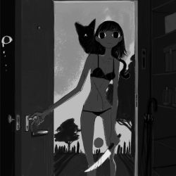 Rule 34 | &lt;o&gt; &lt;o&gt;, 1girl, :|, animal, animal on shoulder, bare arms, bare shoulders, black cat, bra, breasts, cat, cat on shoulder, closed mouth, closed umbrella, contrapposto, doorway, greyscale, highres, holding, holding knife, indoors, knife, looking at viewer, monochrome, narue, original, panties, scar, scar on stomach, small breasts, solo, umbrella, underwear