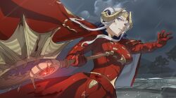 Rule 34 | 1girl, armor, axe, blood, breasts, cape, cloud, edelgard von hresvelg, eyelashes, fake horns, fire emblem, fire emblem: three houses, gloves, highres, holding, holding axe, horns, large breasts, long hair, night, nintendo, outdoors, parted lips, purple eyes, rain, red cape, red gloves, solo, tiara, two-sided cape, two-sided fabric, two-tone cape, white cape, white hair, zv6dllrzu725132