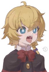 Rule 34 | 1girl, ?, absurdres, ahoge, blonde hair, blue eyes, braid, cookie (touhou), highres, kitsune kemono, meguru (cookie), messy hair, open mouth, saliva, solo, spoken question mark, teeth, thick eyebrows, tongue, tongue out, upper body, white background