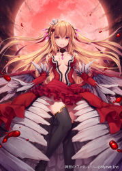 Rule 34 | 1girl, akkijin, bare shoulders, black thighhighs, blonde hair, blood, blood from mouth, blood on breasts, blood on face, breasts, choker, dress, elbow gloves, full moon, glint, gloves, hair ornament, jewelry, low wings, medium breasts, moon, navel, red dress, red eyes, red moon, shinkai no valkyrie, solo, strapless, strapless dress, thighhighs, two side up, vampire victoria (shinkai no valkyrie), watermark, wings