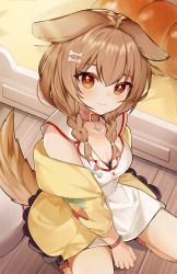 Rule 34 | 1girl, animal ears, bone hair ornament, braid, brown hair, collar, dog ears, dog girl, dog tail, dress, hair between eyes, hair ornament, highres, hololive, inugami korone, inugami korone (1st costume), jacket, long hair, long sleeves, looking at viewer, open clothes, open jacket, red eyes, seiza, sitting, smile, solo, tail, twin braids, virtual youtuber, white dress, xoaiu, yellow jacket