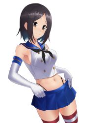 Rule 34 | 1girl, absurdres, black neckerchief, blue sailor collar, blue skirt, brown eyes, brown hair, character request, closed mouth, cosplay, dumbbell nan kilo moteru?, elbow gloves, gloves, highleg, highleg panties, highres, kantai collection, miniskirt, navel, neckerchief, nyanmaru, panties, parted bangs, pleated skirt, sailor collar, shimakaze (kancolle), shimakaze (kancolle) (cosplay), short hair, simple background, skirt, sleeveless, smile, solo, standing, striped clothes, striped thighhighs, tachibana satomi, thighhighs, underwear, white background, white gloves, zettai ryouiki