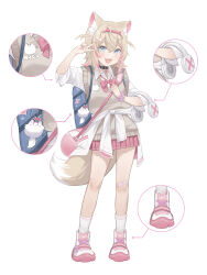 Rule 34 | 1girl, absurdres, animal ear fluff, animal ears, bandaid, bandaid on knee, bandaid on leg, belt collar, black collar, blonde hair, blue eyes, collar, dog ears, dog girl, dog tail, hair ornament, headphones around arm, highres, hololive, hololive english, looking at viewer, medium hair, midori xu, mococo abyssgard, multicolored hair, nail polish, open mouth, perroccino (fuwamoco), pink hair, pink nails, pink skirt, pleated skirt, shoes, skirt, smile, sneakers, spiked collar, spikes, streaked hair, tail, v, virtual youtuber, white footwear, x hair ornament