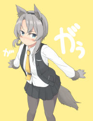 Rule 34 | 1girl, adapted costume, alternate sleeve length, animal ears, animal hands, asymmetrical hair, black pantyhose, black skirt, black vest, commentary, dress shirt, flipped hair, fur-trimmed sleeves, fur trim, gloves, grey eyes, kantai collection, kugui kiyunemu, leaning forward, looking at viewer, necktie, nowaki (kancolle), pantyhose, paw gloves, pleated skirt, shirt, silver hair, skirt, solo, standing, swept bangs, tail, text background, vest, white shirt, wolf ears, wolf tail, yellow background, yellow necktie