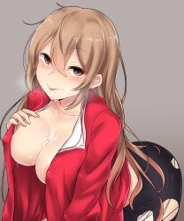 Rule 34 | 1girl, absurdres, after paizuri, all fours, areola slip, black legwear, blush, breasts, brown eyes, brown hair, cardigan, cleavage, collarbone, grey background, hair down, heterochromia, highres, kantai collection, kiritto, large breasts, leg warmers, light brown hair, long hair, long sleeves, looking at viewer, messy hair, murasame (kancolle), nose blush, open cardigan, open clothes, red eyes, red sweater, simple background, smile, solo, suggestive fluid, sweater, tongue, tongue out, torn clothes, upper body