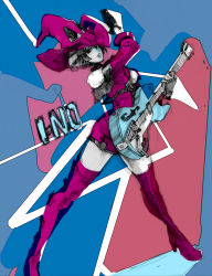 Rule 34 | 1girl, black hair, bob cut, boots, breasts, character name, detached sleeves, dress, electric guitar, fingerless gloves, full body, gloves, guilty gear, guilty gear xrd, guitar, hat, high heel boots, high heels, highres, i-no, instrument, lipstick, makeup, off-shoulder dress, off shoulder, oko (ocotaros), plectrum, red footwear, red thighhighs, short hair, sideboob, solo, thigh boots, thighhighs, witch hat, wryyoco