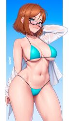 Rule 34 | 1girl, bikini, black-framed eyewear, blue bikini, blue eyes, blush, breasts, brown hair, commission, glasses, gluteal fold, highres, large breasts, looking at viewer, navel, novenine, open clothes, open shirt, original, semi-rimless eyewear, shirt, short hair, simple background, solo, swimsuit, under-rim eyewear, wet, wet clothes, wet shirt, white shirt