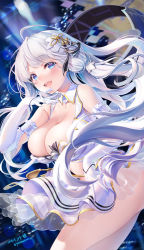 Rule 34 | 1girl, azur lane, bare shoulders, blue eyes, blush, breasts, cleavage, dress, floating hair, gloves, hair ribbon, idol, illustrious (azur lane), illustrious (muse) (azur lane), large breasts, long hair, looking at viewer, mole, mole under eye, open mouth, paint musume, ribbon, signature, smile, solo, thighs, twitter username, very long hair, white dress, white gloves, white hair