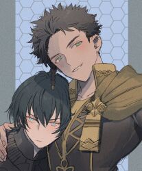 2boys arm_around_shoulder armor black_armor blue_eyes braid brown_hair byleth_(fire_emblem) byleth_(male)_(fire_emblem) cape claude_von_riegan closed_mouth collarbone collared_jacket commentary_request dark-skinned_male dark_skin fire_emblem fire_emblem:_three_houses gorget green_eyes green_hair hair_between_eyes highres jacket looking_to_the_side male_focus multiple_boys nintendo none_(kameko227) pillarboxed short_hair side_braid side_cape sideways_glance single_braid smile upper_body yellow_cape