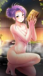 Rule 34 | 1girl, asymmetrical bangs, barefoot, basket, breasts, cleavage, closed mouth, collarbone, completely nude, doukyuusei 2, doukyuusei another world, full body, game cg, hair intakes, holding, holding basket, katagiri mirei, large breasts, legs, navel, night, nude, official art, on one knee, onsen, outdoors, purple hair, shiny skin, sideboob, smile, solo, steam, water, yellow eyes