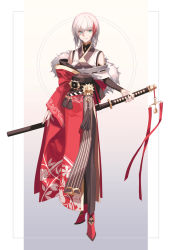 Rule 34 | 1girl, black pants, black sleeves, commentary request, detached sleeves, eyebrows hidden by hair, full body, fur trim, gradient background, green eyes, grey background, highres, holding, holding sword, holding weapon, japanese clothes, katana, kimono, looking at viewer, medium hair, multicolored hair, obi, off shoulder, original, pants, parted lips, red footwear, red hair, red kimono, sash, shirt, sleeveless, sleeveless shirt, smile, solo, standing, streaked hair, sword, tassel, tsuki-shigure, weapon, white background, white hair, white shirt, yellow background