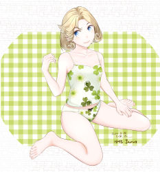 Rule 34 | 1girl, absurdres, artist name, bad id, bad pixiv id, barefoot, blonde hair, blue eyes, camisole, character name, circle, clover print, collarbone, commentary request, dated, flat chest, green background, green panties, highres, janus (kancolle), kantai collection, panties, parted bangs, plaid, plaid background, short hair, sitting, smile, solo, underwear, underwear only, velchi, wariza, white background, white panties