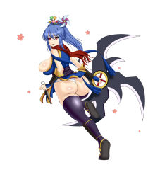 Rule 34 | 1girl, akamaru, ass, bare shoulders, black thighhighs, blue hair, breasts, from behind, hair ornament, highres, huge ass, huge breasts, huge weapon, japanese clothes, kunai, loincloth, long hair, looking at viewer, ninja, ninja (ragnarok online), open mouth, parted lips, pinwheel, ponytail, purple eyes, ragnarok online, running, scarf, shiny skin, sideboob, simple background, smile, solo, thick thighs, thighhighs, thighs, weapon
