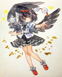 Rule 34 | 1girl, black hair, black ribbon, black skirt, black wings, blush, closed mouth, commentary, feathered wings, frilled skirt, frills, full body, hat, highres, key747h, knees together feet apart, looking at viewer, mary janes, medium hair, one-hour drawing challenge, pom pom (clothes), puffy short sleeves, puffy sleeves, red eyes, red footwear, red hat, ribbon, shameimaru aya, shirt, shoes, short sleeves, skirt, smile, socks, solo, tokin hat, touhou, traditional media, white shirt, white socks, wings