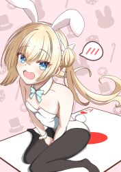 Rule 34 | 1girl, absurdres, alternate costume, animal ears, aqua bow, aqua bowtie, bare shoulders, between legs, black pantyhose, blonde hair, blue eyes, blush, bow, bowtie, breasts, cleavage, collarbone, commentary request, crossed bangs, detached collar, double bun, embarrassed, eyelashes, eyes visible through hair, fake animal ears, fake tail, floating hair, foot out of frame, foreshortening, hair between eyes, hair bun, hand between legs, highres, leotard, long hair, looking at viewer, open mouth, pantyhose, pink background, playboy bunny, rabbit ears, rabbit tail, shirayuki noa, simple background, sitting, small breasts, solo, speech bubble, spoken blush, strapless, strapless leotard, tail, tenshi souzou re-boot!, tsubatyissimo2, twintails, v arms, wariza, wavy mouth, white leotard, white wrist cuffs, wing hair ornament, wrist cuffs