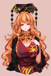 Rule 34 | 1girl, black dress, blonde hair, bow, bowtie, breasts, brown background, chinese clothes, cleavage, cleavage cutout, clothing cutout, crescent, curvy, dress, hair between eyes, headdress, highres, junko (touhou), large breasts, long hair, one-hour drawing challenge, orange hair, raptor7, red eyes, simple background, tabard, tassel, touhou, wide hips, wide sleeves, yellow bow, yellow bowtie