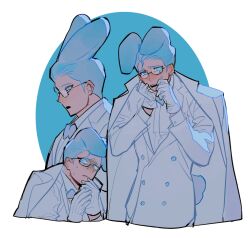 Rule 34 | 1boy, animal ears, black-framed eyewear, blue background, blue bow, blue bowtie, blue coat, blue eyes, blue gloves, blue hair, blue suit, blue theme, bow, bowtie, bright pupils, coat, coat on shoulders, collared coat, crying, crying with eyes open, floppy ears, formal, glasses, gloves, hands on own face, hands up, highres, korean commentary, long sleeves, looking at viewer, multiple views, open mouth, original, oval background, rabbit boy, rabbit ears, rabbit tail, sasi mozzi1, short hair, simple background, standing, suit, tail, teardrop, tears, upper body, very short hair, wiping tears