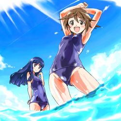 Rule 34 | 2girls, :d, arms up, bad id, bad pixiv id, blue sky, blush, brown eyes, brown hair, chikuwa (tks), cloud, day, long hair, miyafuji yoshika, multiple girls, old school swimsuit, one-piece swimsuit, open mouth, outdoors, school swimsuit, short hair, sky, smile, strike witches, swimsuit, wading, water, world witches series, yamakawa michiko