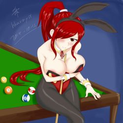Rule 34 | 1girl, animal ears, areola slip, bare shoulders, blush, breasts, detached collar, detached sleeves, erza scarlet, fairy tail, female focus, highres, large breasts, long hair, looking at viewer, pantyhose, rabbit ears, red hair, smile, solo