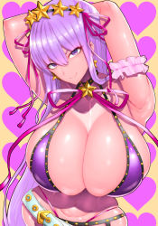 Rule 34 | 1girl, armpits, arms up, bb (fate), bb (fate) (all), bb (swimsuit mooncancer) (fate), bb (swimsuit mooncancer) (second ascension) (fate), belt, bikini, breasts, cleavage, commentary request, fate/extra, fate/extra ccc, fate/grand order, fate (series), hair ornament, hairband, highres, huge breasts, long hair, looking at viewer, navel, purple bikini, purple eyes, purple hair, smile, smirk, solo, star (symbol), star hair ornament, swimsuit, very long hair, wide hips, wolffeld price
