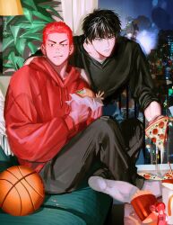 Rule 34 | 2boys, absurdres, ball, basketball (object), bishounen, black eyes, black hair, black pants, black shirt, burger, cityscape, closed mouth, couch, eating, food, french fries, hechu 237, highres, holding, holding food, holding pizza, hood, hoodie, indoors, long sleeves, looking at viewer, male focus, multiple boys, pants, pizza, pizza slice, plant, red hair, red hoodie, rukawa kaede, sakuragi hanamichi, shirt, short hair, slam dunk (series), sleeves rolled up, socks, toned, toned male, v-neck, white socks