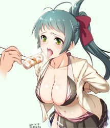 Rule 34 | 10s, 1girl, 2016, 846-gou, arms behind back, bdsm, bikini, blush, bondage, bound, bound wrists, breasts, chopsticks, cleavage, collarbone, dated, drooling, feeding, food, green eyes, green hair, hair ribbon, heavy breathing, holding, hungry, irako (kancolle), jacket, kantai collection, large breasts, long hair, one-hour drawing challenge, open clothes, open jacket, open mouth, out of frame, ponytail, ribbon, saliva, simple background, solo focus, swimsuit, tongue, tongue out