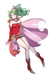 Rule 34 | 1girl, boots, bracelet, breasts, cape, collarbone, cowl, detached sleeves, dress, final fantasy, final fantasy vi, green hair, hair ornament, highres, jeruka (otot9181), jewelry, knee boots, lavender legwear, lavender sash, leggings, looking to the side, pantyhose, parted bangs, pink sash, ponytail, purple eyes, red footwear, sash, simple background, small breasts, star (symbol), star print, strapless, strapless dress, tina branford, wavy hair, white background, white pantyhose