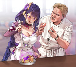 Rule 34 | 1boy, 1girl, @ @, apron, bad food, blonde hair, blunt bangs, blurry, blurry background, braid, breasts, bridal gauntlets, chef, commentary, crossover, electricity, english commentary, food, foxyreine, frilled apron, frills, frying pan, genshin impact, gordon ramsay, hair ornament, hand up, hands up, hell&#039;s kitchen, highres, holding, indoors, ladle, large breasts, long hair, low-braided long hair, low-tied long hair, mole, mole under eye, neck ribbon, obi, open mouth, parted lips, purple eyes, purple hair, raiden shogun, raised eyebrows, real life, ribbon, sash, short hair, spoon, tearing up, watch, white apron, window, wrinkled skin, wristwatch