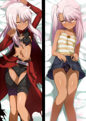 Rule 34 | 1girl, arms up, bed sheet, black panties, blush, cape, chaps, chloe von einzbern, closed mouth, clothes lift, commentary request, dakimakura (medium), dark-skinned female, dark skin, eyes visible through hair, fate/kaleid liner prisma illya, fate (series), from above, hair between eyes, highres, legs together, long hair, looking at viewer, lying, midriff, multiple views, navel, on back, panties, pink hair, pleated skirt, shimejinameko, shiny skin, shirt, side ponytail, skirt, skirt lift, smile, striped clothes, striped shirt, tank top, thigh gap, underwear, waist cape, yellow eyes