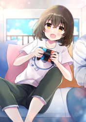 Rule 34 | 1boy, 1girl, :d, bad id, bad pixiv id, blue pants, blue sky, blurry, blurry background, blush, brown eyes, brown hair, cloud, cloudy sky, collarbone, commentary request, controller, couch, day, depth of field, fang, feet out of frame, game controller, green pants, hair between eyes, highres, holding, indoors, leaning to the side, long hair, long sleeves, minami saki, on couch, open mouth, original, pants, pillow, print skirt, shirt, short sleeves, sitting, skirt, sky, smile, solo focus, v-shaped eyebrows, white shirt