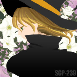 Rule 34 | 1girl, blonde hair, character name, cloak, flower, green eyes, hat, misima1029, no lineart, no outlines, scp-239, scp foundation, solo, witch hat
