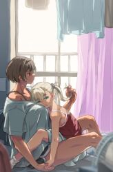 Rule 34 | 2girls, black shorts, blonde hair, blue eyes, breasts, brown hair, camisole, collarbone, curtains, electric fan, highres, holding another&#039;s hair, holding hands, hot, indoors, large breasts, m k, multiple girls, open mouth, original, red camisole, red eyes, shirt, short hair, shorts, sitting, sweat, tan, thighs, white shirt, white shorts, window, yuri