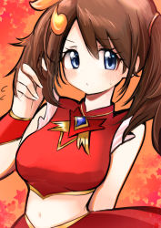 Rule 34 | 1girl, blue eyes, breasts, brown hair, creatures (company), game freak, hair between eyes, hair ornament, hand in own hair, highres, kayucha (xnsushi), looking at viewer, may (pokemon), may (sygna suit) (pokemon), medium breasts, midriff, nintendo, official alternate costume, pokemon, pokemon masters ex, sleeveless, solo, sweatdrop, twintails, upper body, wristband