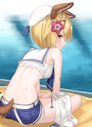 Rule 34 | 1girl, absurdres, animal ears, back, bare shoulders, barefoot, belt, blonde hair, blouse, blue shorts, butterfly sitting, closed mouth, commentary request, crop top, feet together, flower, from side, full body, granblue fantasy, hair flower, hair ornament, hat, hat ribbon, highres, knees apart feet together, looking at viewer, looking back, medium hair, orange eyes, ribbon, sagace, sailor collar, shirt, short shorts, shorts, sidelocks, sitting, sleeveless, sleeveless shirt, smile, solo, tail, toes, tsurime, unworn clothes, vajra (granblue fantasy), vajra (summer) (granblue fantasy), water, white hat, white sailor collar, white shirt