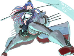 Rule 34 | 1girl, adapted turret, asymmetrical legwear, black necktie, blue hair, boots, breasts, cannon, gegeron, grey eyes, headgear, highres, jacket, kantai collection, large breasts, long hair, long sleeves, machinery, mast, multicolored hair, necktie, pencil skirt, red hair, rigging, shirt, simple background, skirt, smokestack, solo, south dakota (kancolle), turret, white hair, white shirt