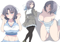 Rule 34 | 1girl, absurdres, black pantyhose, blue eyes, blue skirt, blue tank top, breasts, cheerleader, chimunge, cleavage, closed mouth, collarbone, commentary request, dress, grey hair, grey shirt, grey skirt, highres, large breasts, long sleeves, looking at viewer, multiple views, navel, one eye closed, pantyhose, pleated skirt, sailor collar, school uniform, senran kagura, shirt, simple background, sitting, skirt, smile, socks, standing, tank top, thighs, wariza, white background, white dress, white sailor collar, white socks, yumi (senran kagura)