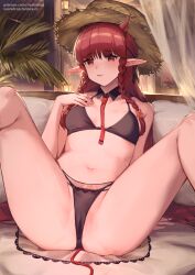 Rule 34 | 1girl, arknights, bikini, black bikini, braid, breasts, hand on own chest, hat, highres, horns, horns through headwear, lamp, long hair, looking at viewer, nashidrop, navel, official alternate costume, pointy ears, red eyes, red hair, sitting, small breasts, solo, spread legs, starfish hair ornament, straw hat, swimsuit, tail, thighs, twin braids, vigna (arknights), vigna (casual vacation) (arknights)