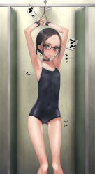 Rule 34 | 1girl, armpits, arms up, bdsm, belt collar, black-framed eyewear, black collar, black hair, black one-piece swimsuit, blush, bondage, bondage cuffs, bound, breasts, cameltoe, closed mouth, collar, collarbone, commentary request, competition school swimsuit, covered erect nipples, covered navel, cuffs, feet out of frame, forehead, glasses, hair ornament, hairclip, handcuffs, highres, medium hair, murakami suigun, one-piece swimsuit, original, paid reward available, restrained, school swimsuit, slave, small breasts, solo, swimsuit, twintails, wet