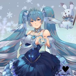 Rule 34 | 1girl, absurdly long hair, absurdres, blue eyes, blue hair, blue skirt, closed mouth, detached sleeves, diadem, earrings, floating hair, frilled skirt, frills, grey background, hair between eyes, hatsune miku, heart, heart hands, highres, jewelry, layered skirt, long hair, long skirt, long sleeves, looking at viewer, maya n3, rabbit yukine, silver hair, skirt, smile, snowflakes, solo, standing, twintails, very long hair, vocaloid, white sleeves, yuki miku