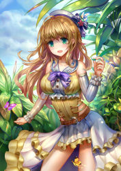 Rule 34 | 10s, 1girl, ahoge, atago (kancolle), breasts, brown hair, bug, butterfly, butterfly on head, cloud, collarbone, day, detached sleeves, dress, eyebrows, frilled dress, frills, green eyes, highres, insect, kantai collection, large breasts, long hair, mafuyu (867208837), open mouth, outdoors, sky, solo