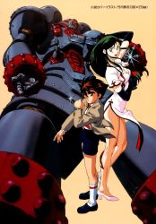 Rule 34 | 1boy, 1girl, blouse, breasts, china dress, chinese clothes, cleavage, collared shirt, dress, giant robo, gun, high heels, highres, kneehighs, mecha, retro artstyle, robot, shirt, simple background, socks, standing, weapon, white shirt, white socks