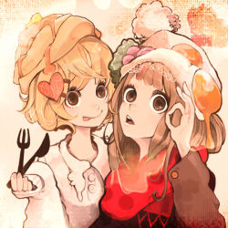 Rule 34 | 2girls, :p, bad id, bad pixiv id, blonde hair, brown hair, food as clothes, fork, hair ornament, hand gesture, knife, multiple girls, ok sign, ornament, short hair, tongue, tongue out, xxxxakixxxx