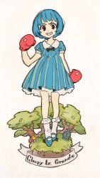 Rule 34 | 1girl, blue dress, blue hair, boxing gloves, character name, cuphead (game), dress, genderswap, genderswap (mtf), goopy le grande, grin, highres, mushroom, oimo (14sainobba), personification, smile, striped clothes, striped dress, tombstone