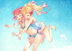 Rule 34 | aikatsu! (series), aikatsu stars!, bikini, blonde hair, blue eyes, blue sky, bow, breasts, casual one-piece swimsuit, cleavage, closed eyes, commentary request, eyelashes, gradient hair, hair bow, halterneck, hand up, highres, hug, hug from behind, jumping, katou akatsuki, multicolored hair, multiple girls, navel, nijino yume, one-piece swimsuit, one eye closed, open mouth, outstretched arms, pink hair, sakuraba rola, side-tie bikini bottom, sky, smile, splashing, standing, striped bikini, striped clothes, swimsuit, vertical-striped bikini, vertical-striped clothes