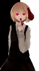 Rule 34 | 1girl, bad id, bad pixiv id, black background, blonde hair, blood, blood on clothes, blood on hands, finger in own mouth, hair ribbon, highres, ogami ren, red eyes, ribbon, rumia, shirt, short hair, skirt, solo, touhou, two-tone background, vest, white background, wing collar
