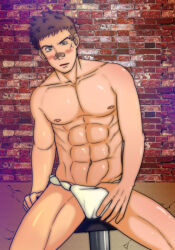 Rule 34 | 1boy, abs, bandaid, bandaid on face, bandaid on nose, bara, blush, brick wall, brown hair, cross scar, facial scar, finger under clothes, fundoshi, hand in underwear, indoors, japanese clothes, kawabuchi sentarou, looking at viewer, male focus, male underwear, mayugeyama, muscular, muscular male, navel, nipples, parted lips, pectorals, raised eyebrow, sakamichi no apollon, scar, scar on cheek, scar on face, short hair, sitting, solo, underwear, underwear only, white male underwear