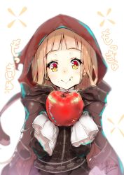 Rule 34 | 1girl, apple, blonde hair, brown dress, dress, eating, food, food on face, fruit, highres, holding, holding food, holding fruit, long hair, long sleeves, looking at food, red hood, red riding hood (sinoalice), rozea (graphmelt), simple background, sinoalice, white background, yellow eyes